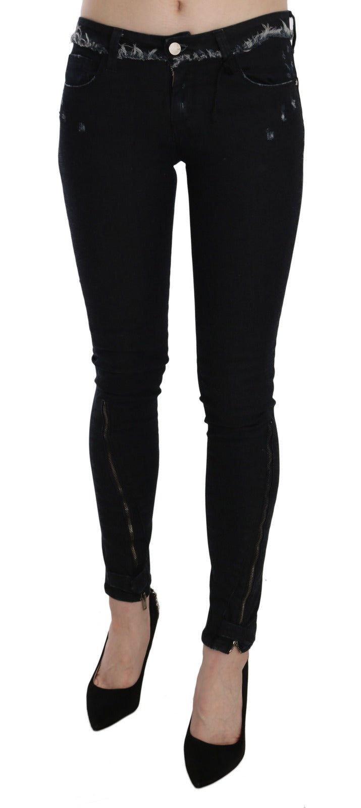 Costume National Schwarze Skinny Jeans mit tiefem Bund und Reißverschluss am Bein
