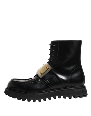 Dolce & Gabbana Schwarze Leder DG Plaque Schnürstiefel Schuhe