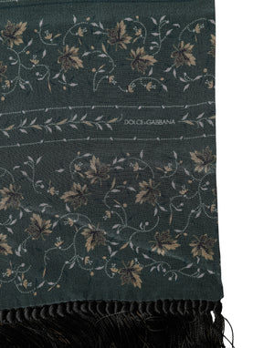 Dolce & Gabbana Grüner Seidenschal mit Blumenmuster und Fransen, 135cm x 16cm