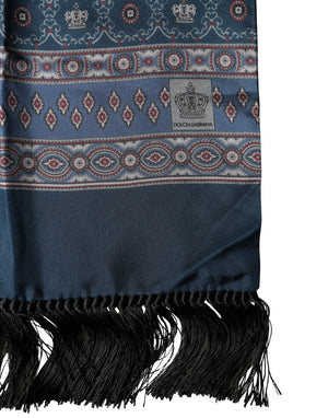 Dolce & Gabbana Blauer Seiden-Schal mit geometrischem Kronen-Muster 184cm x 33cm