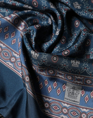 Dolce & Gabbana Blauer Seiden-Schal mit geometrischem Kronen-Muster 184cm x 33cm