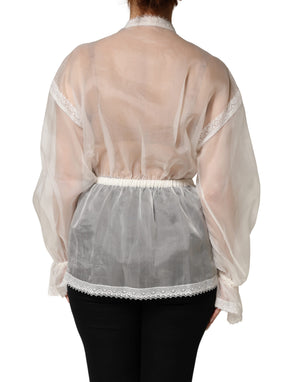Dolce & Gabbana Weiße transparente Seidenbluse mit Spitzen-Schleife