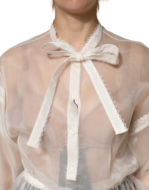Dolce & Gabbana Weiße transparente Seidenbluse mit Spitzen-Schleife