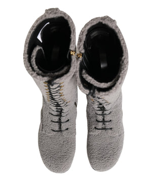 Dolce & Gabbana Graue Shearling Schnürstiefel bis zum Knie