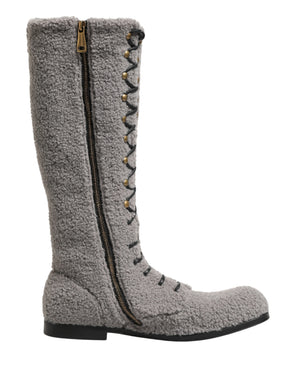Dolce & Gabbana Graue Shearling Schnürstiefel bis zum Knie