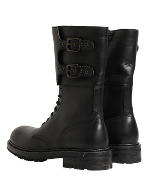 Dolce & Gabbana Schwarze Leder-Schnürstiefel mit Gürtelschnalle