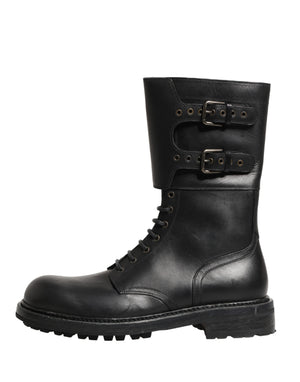Dolce & Gabbana Schwarze Leder-Schnürstiefel mit Gürtelschnalle