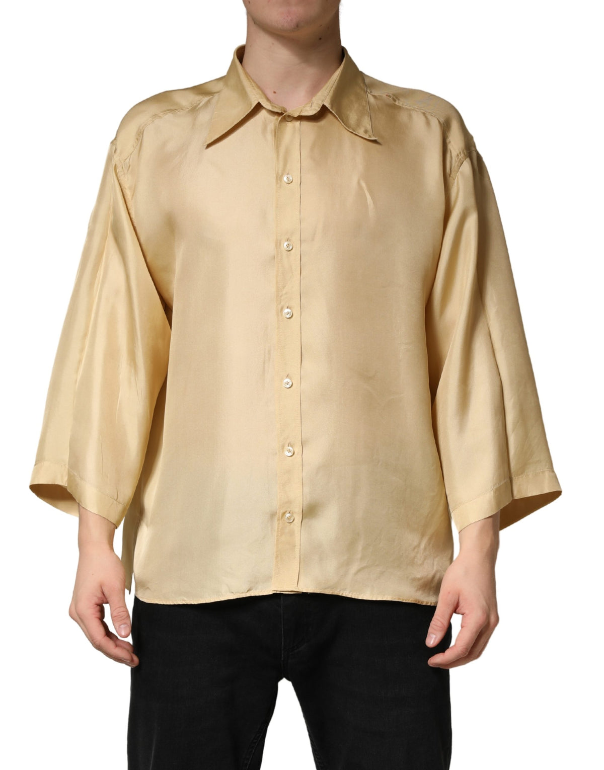 Dolce & Gabbana Herrenhemd aus gelber Seide mit Knöpfen, Oversize-Passform