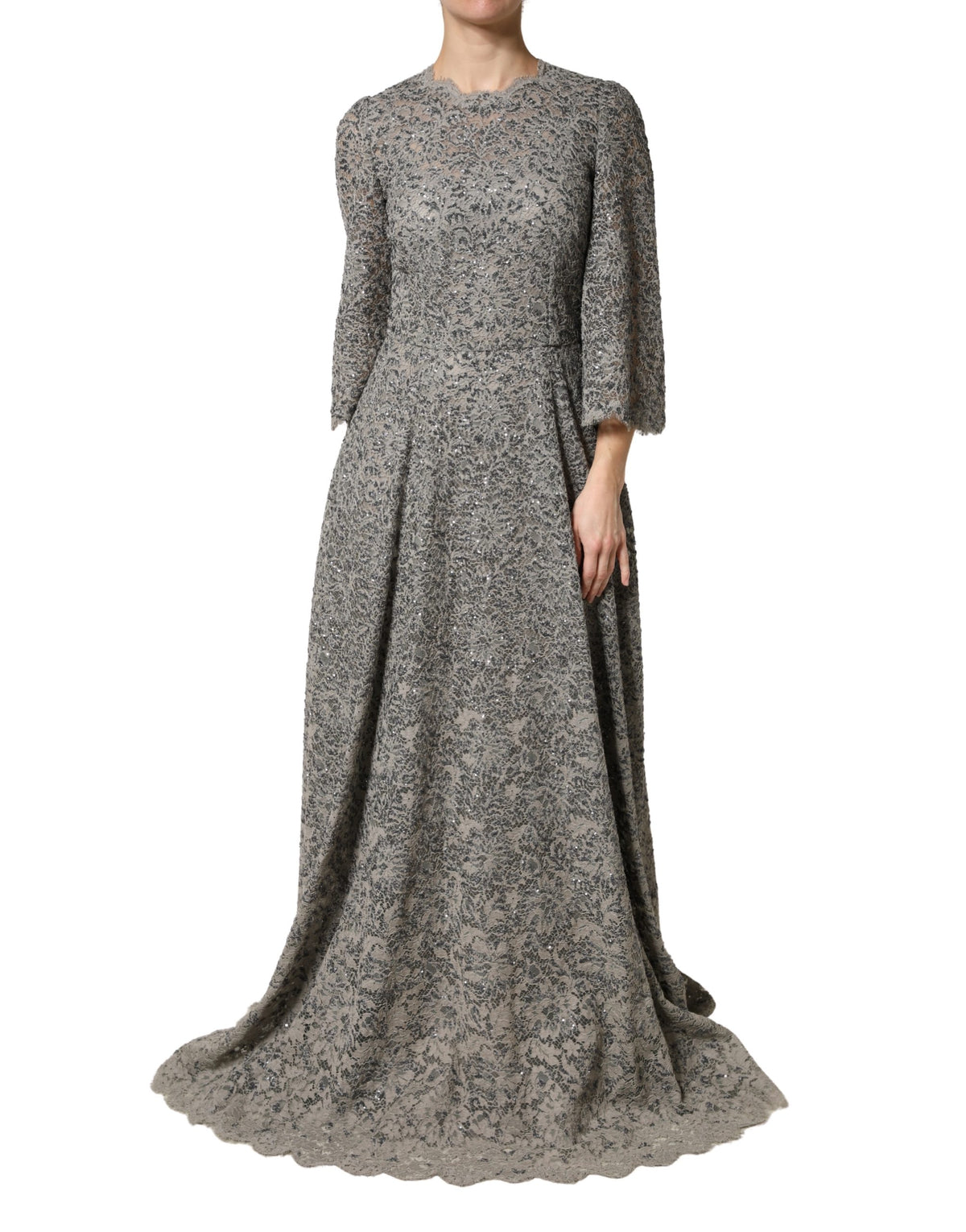 Dolce & Gabbana Graues Maxikleid aus Baumwolle mit Spitzenbesatz und langen Ärmeln