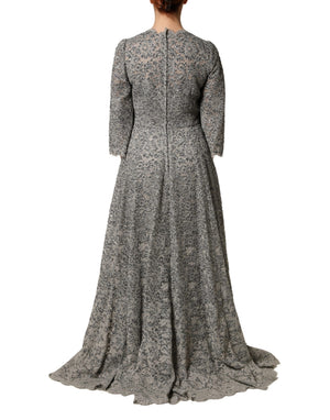 Dolce & Gabbana Graues Maxikleid aus Baumwolle mit Spitzenbesatz und langen Ärmeln