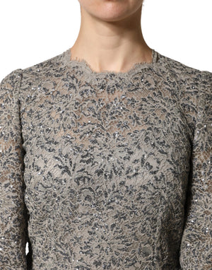 Dolce & Gabbana Graues Maxikleid aus Baumwolle mit Spitzenbesatz und langen Ärmeln