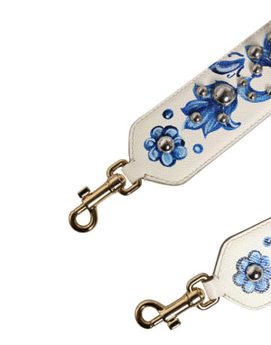 Dolce & Gabbana Schulterriemen aus weißem Leder mit blauem Blumenmuster und Nieten