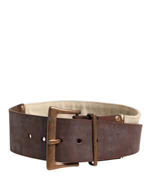 Ermanno Scervino Beige-brauner Leder-Canvas-Gürtel mit Metallschnalle