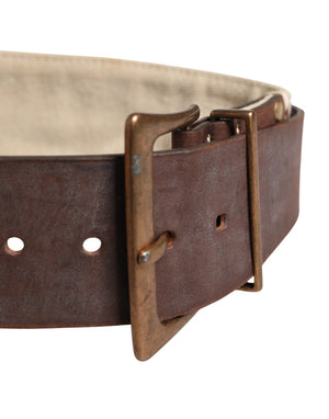 Ermanno Scervino Beige-brauner Leder-Canvas-Gürtel mit Metallschnalle