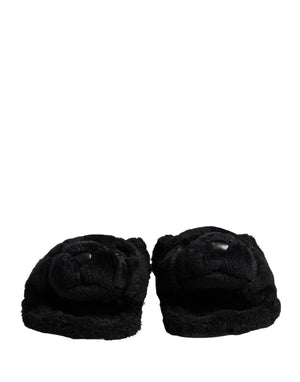 Dolce & Gabbana Schwarze Faux Fur Panther Plüsch Pantoletten