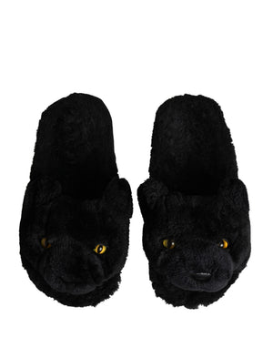 Dolce & Gabbana Schwarze Faux Fur Panther Plüsch Pantoletten