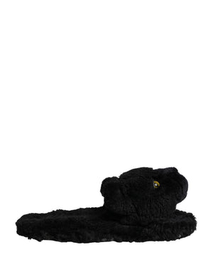 Dolce & Gabbana Schwarze Faux Fur Panther Plüsch Pantoletten