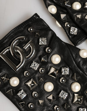 Dolce & Gabbana Schwarze Perlenbesetzte Handschuhe in Handgelenklänge