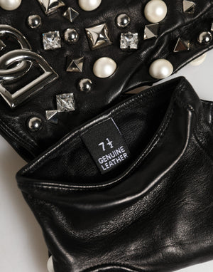 Dolce & Gabbana Schwarze Perlenbesetzte Handschuhe in Handgelenklänge