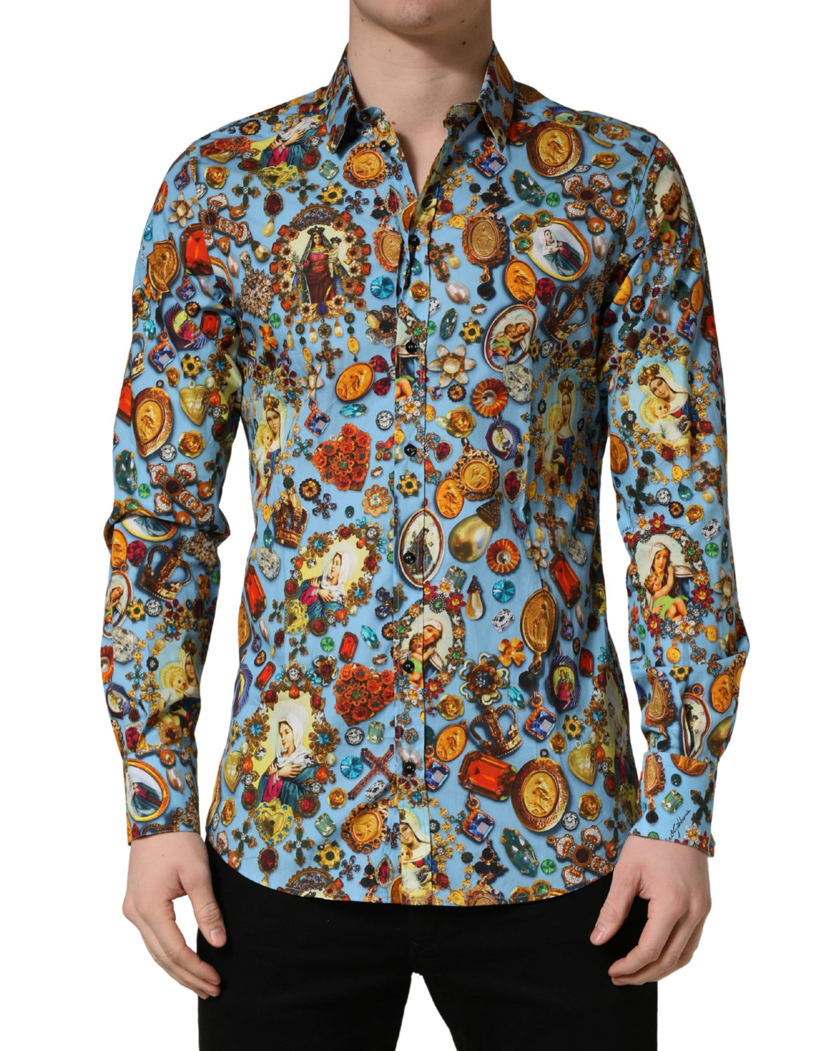 Dolce & Gabbana Blaues Baumwollhemd mit Schmuck-Print und GOLD-Knopfleiste