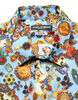 Dolce & Gabbana Blaues Baumwollhemd mit Schmuck-Print und GOLD-Knopfleiste