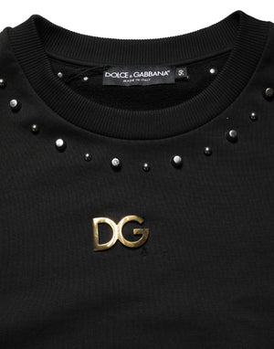 Dolce & Gabbana Schwarzer Sweatshirt-Pullover mit Verzierungen aus Baumwolle