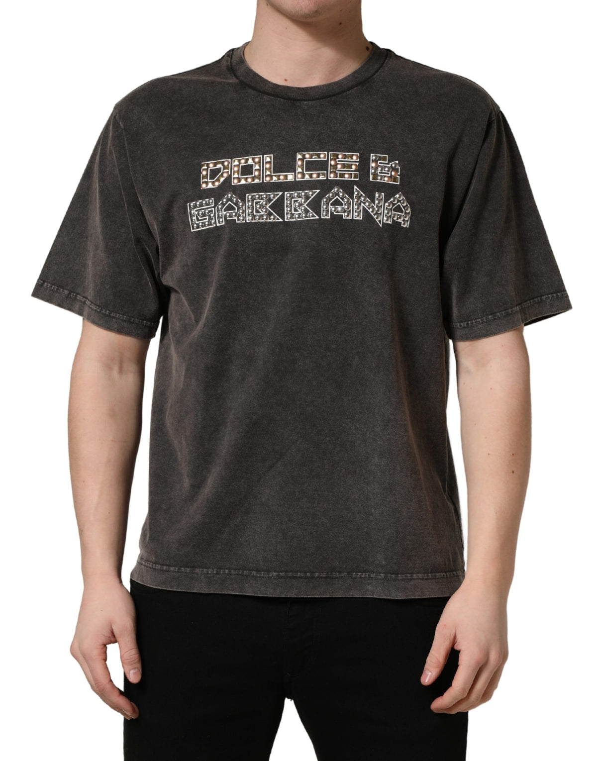 Dolce & Gabbana Graues Herren-T-Shirt mit Logo-Verzierung und Rundhalsausschnitt