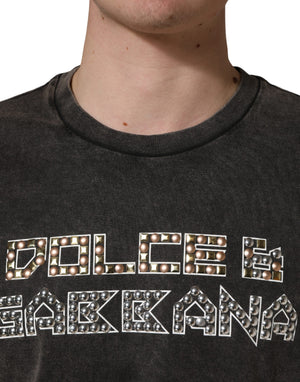 Dolce & Gabbana Graues Herren-T-Shirt mit Logo-Verzierung und Rundhalsausschnitt