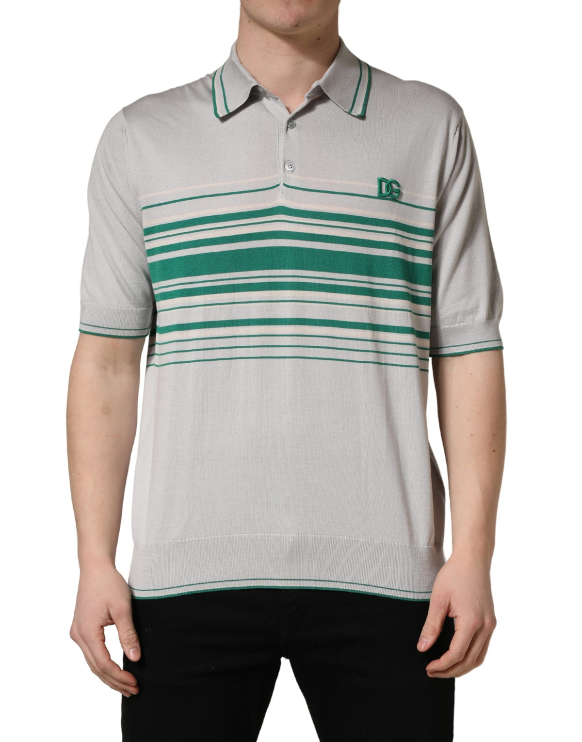 Dolce & Gabbana Grau-grün gestreiftes Logo-Polo-Shirt aus Seide
