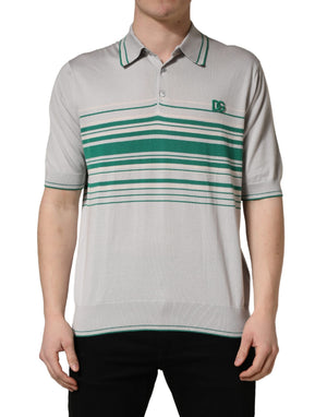 Dolce & Gabbana Grau-grün gestreiftes Logo-Polo-Shirt aus Seide