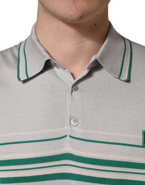 Dolce & Gabbana Grau-grün gestreiftes Logo-Polo-Shirt aus Seide