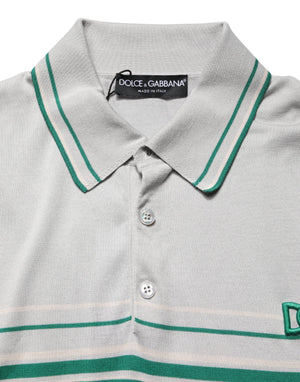 Dolce & Gabbana Grau-grün gestreiftes Logo-Polo-Shirt aus Seide