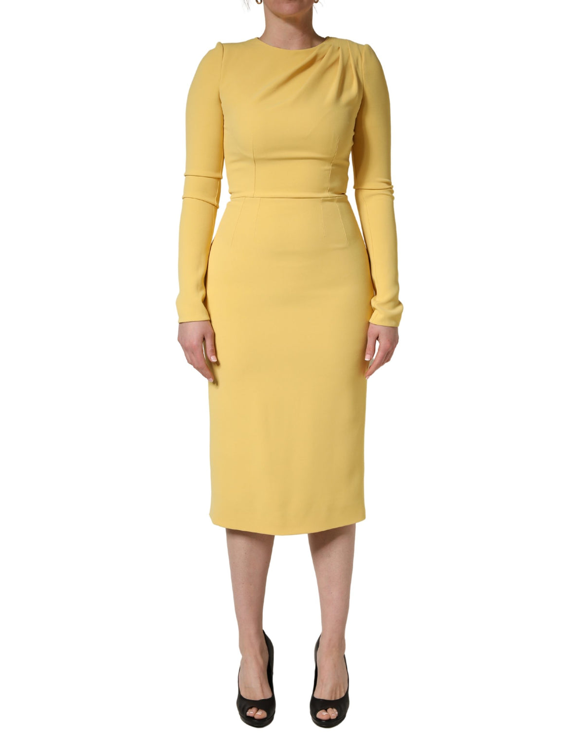 Dolce & Gabbana Gelbes Seidenkleid mit langen Ärmeln, Etui-Schnitt, Midi-Länge