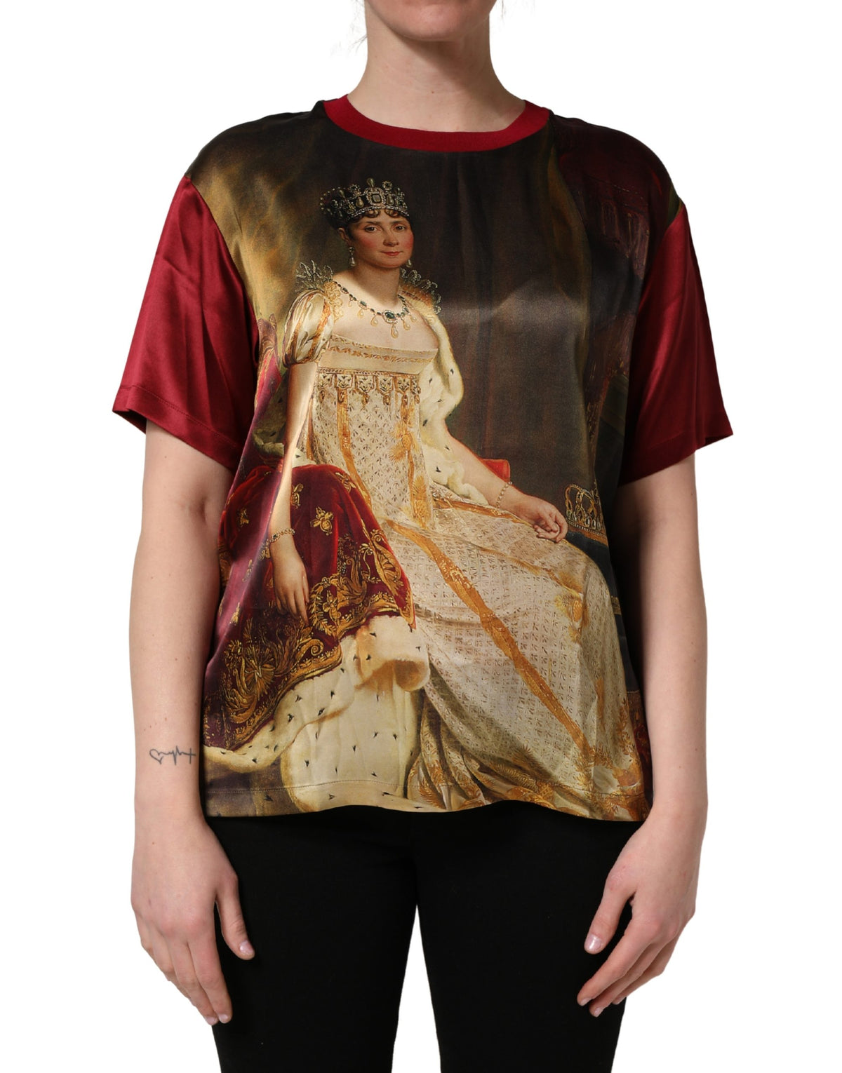 Dolce & Gabbana Maroon Royal Crown Dress Queen Painting Silk T-Shirt