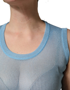 Dolce & Gabbana Blaues, halbtransparentes Rippstrick-Tanktop ohne Ärmel
