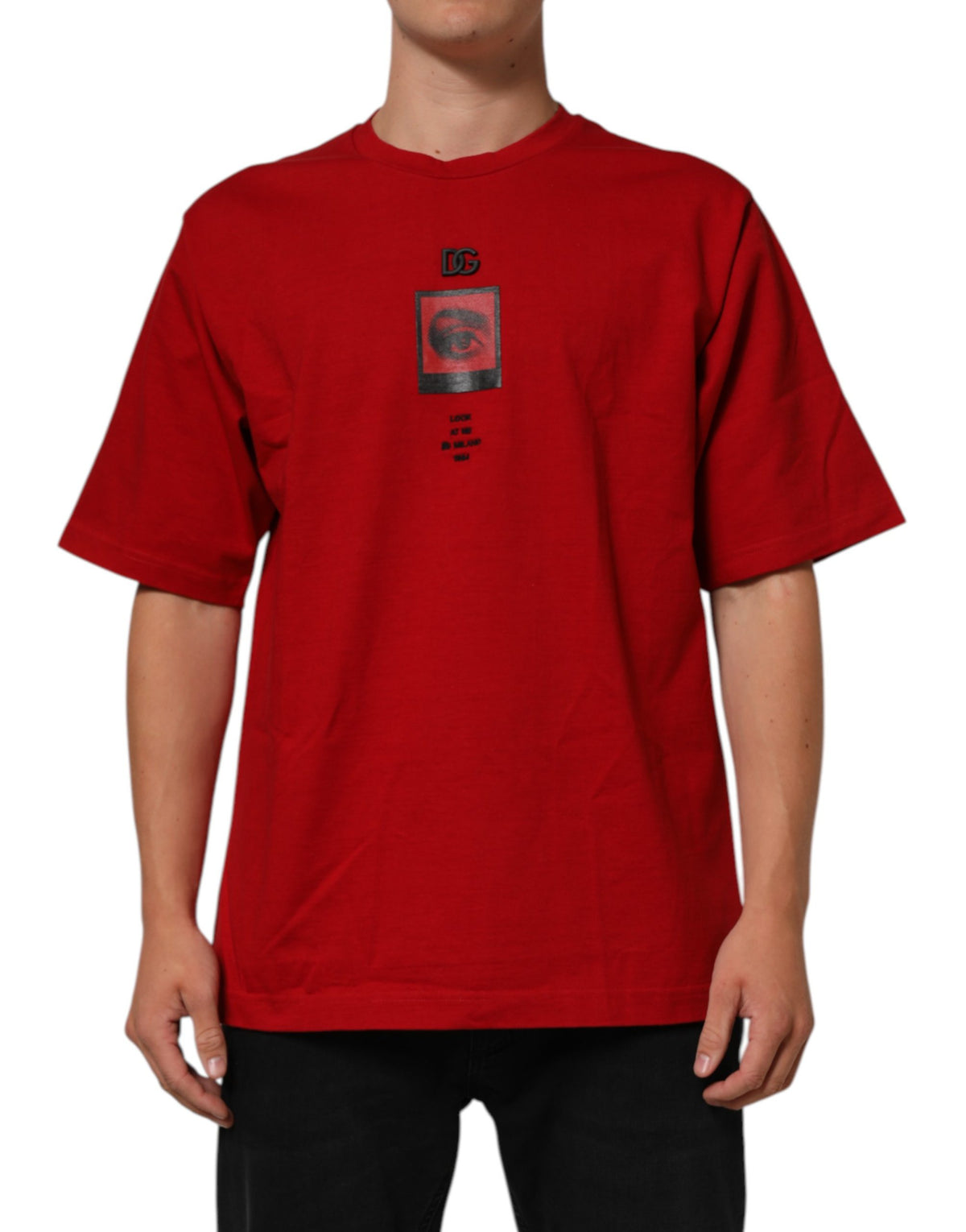 Dolce & Gabbana Rotes DG Eye Print Baumwoll-Rundhals-T-Shirt