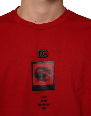 Dolce & Gabbana Rotes DG Eye Print Baumwoll-Rundhals-T-Shirt