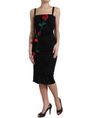 Dolce & Gabbana Schwarzes ärmelloses Kleid mit Rosenapplikationen aus Wolle