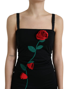 Dolce & Gabbana Schwarzes ärmelloses Kleid mit Rosenapplikationen aus Wolle