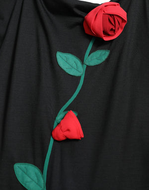 Dolce & Gabbana Schwarzes ärmelloses Kleid mit Rosenapplikationen aus Wolle