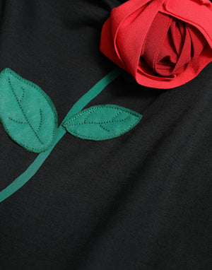 Dolce & Gabbana Schwarzes ärmelloses Kleid mit Rosenapplikationen aus Wolle