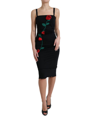 Dolce & Gabbana Schwarzes ärmelloses Kleid mit Rosenapplikationen aus Wolle