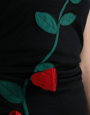 Dolce & Gabbana Schwarzes ärmelloses Kleid mit Rosenapplikationen aus Wolle