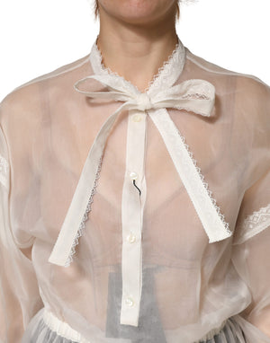 Dolce & Gabbana Weiße Seiden-Baumwoll-Bluse mit Ascot-Kragen