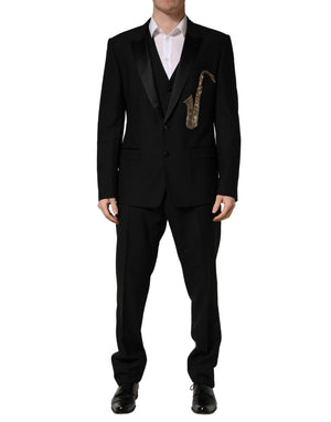Dolce & Gabbana Schwarzer Wollseide Saxophon Slim Fit 3-teiliger Anzug