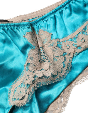 Dolce & Gabbana Blauer Seiden-Satin-Slip mit floraler Spitze