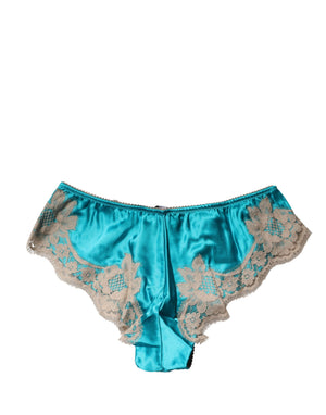 Dolce & Gabbana Blauer Seiden-Satin-Slip mit floraler Spitze