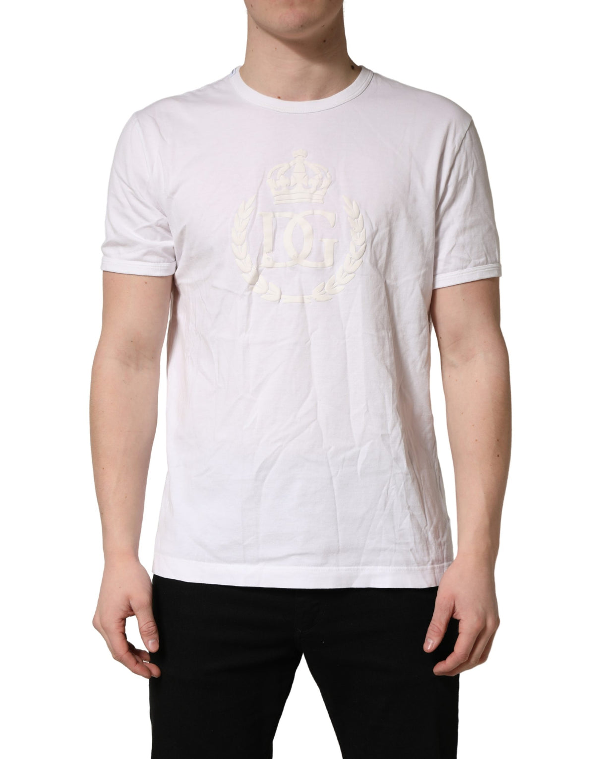Dolce & Gabbana Weißes Baumwoll-T-Shirt mit geprägter DG-Krone für Männer