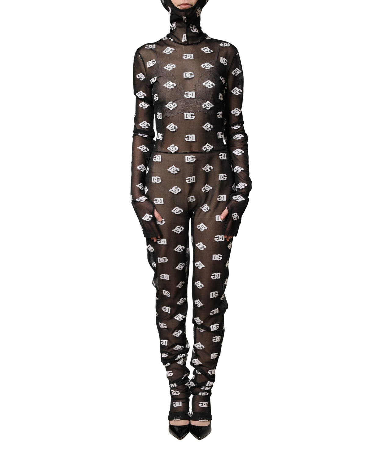 Dolce & Gabbana Kapuzen-Jumpsuit-Kleid mit schwarzem und weißem Logo-Print