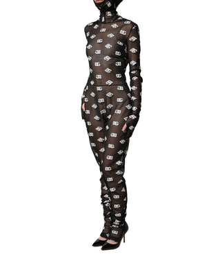 Dolce & Gabbana Kapuzen-Jumpsuit-Kleid mit schwarzem und weißem Logo-Print